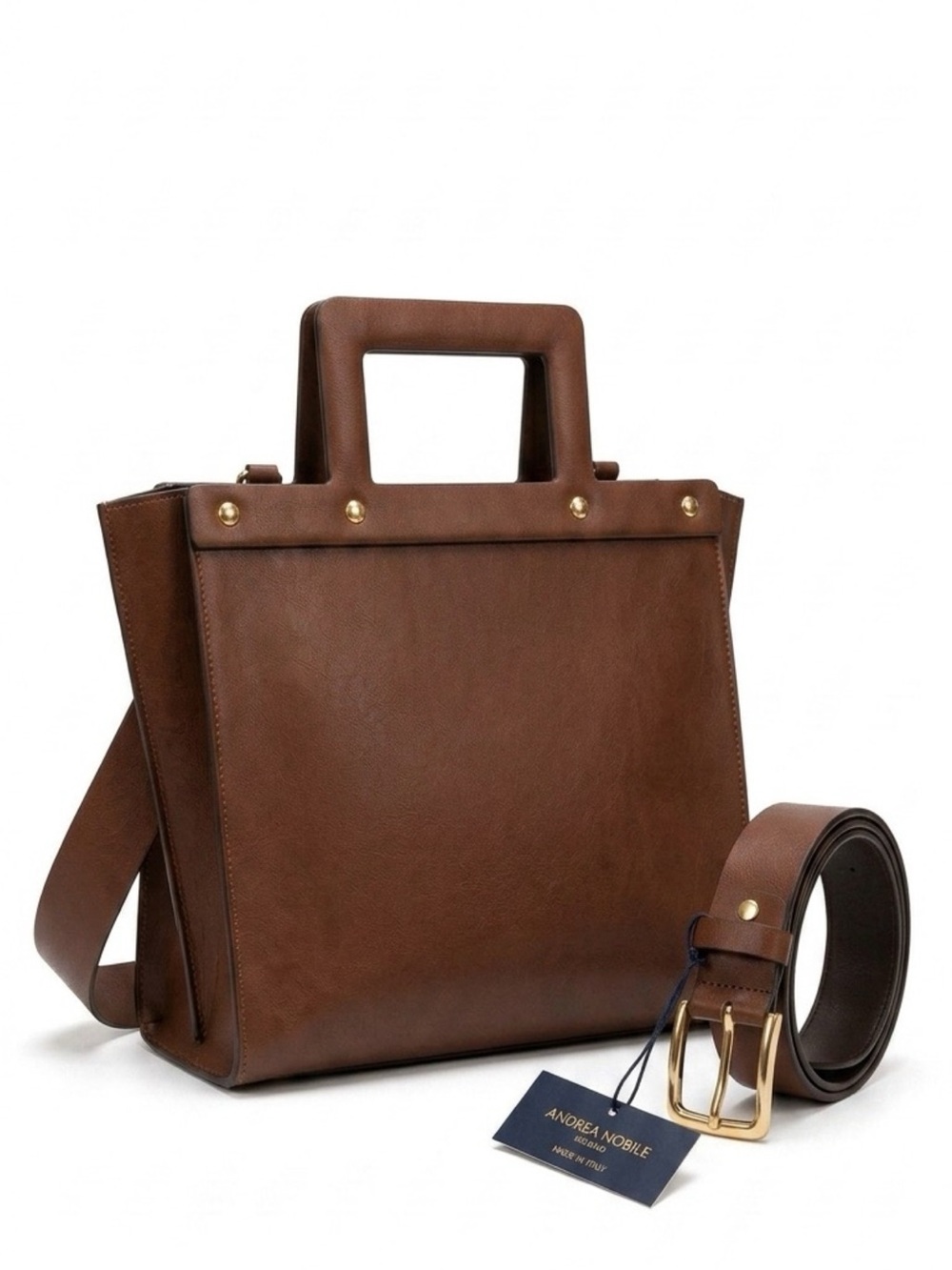 Brown Structured Leather Tote with Top Handle. Made in Italy